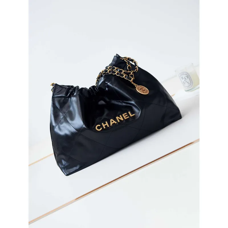 Chanel 22 Bag AS4486 Small Handbag Shiny Calfskin Black With Gold