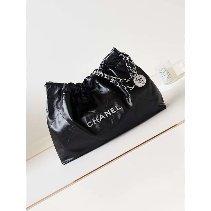 Chanel 22 Bag AS4486 Small Handbag Shiny Calfskin Black With Silver