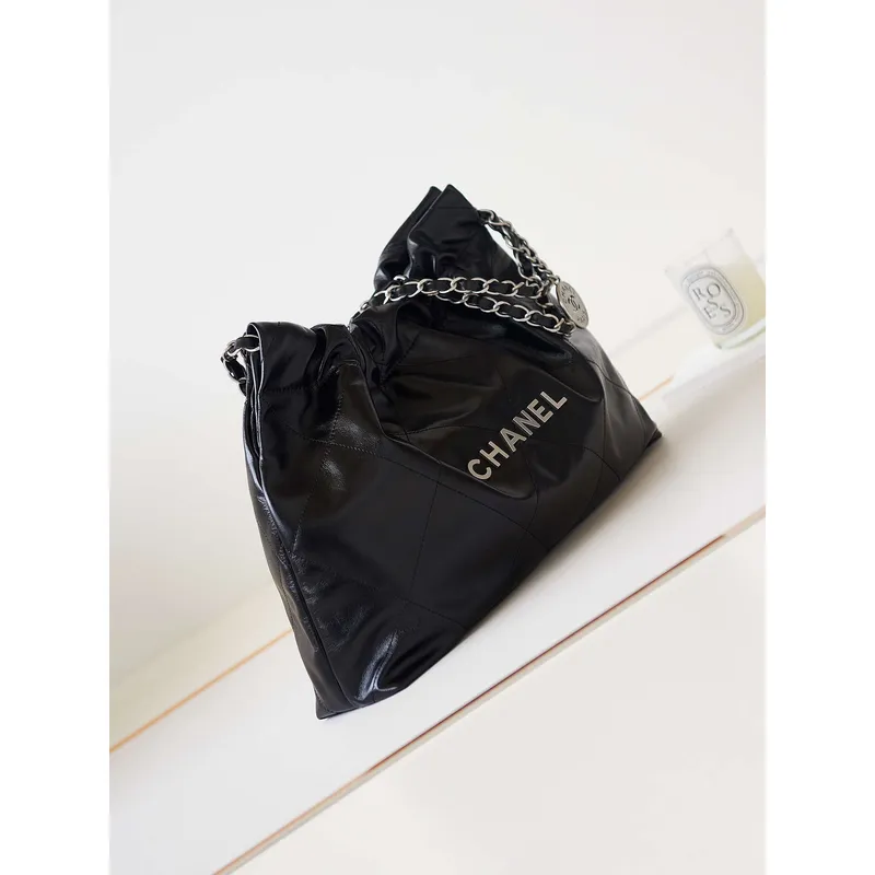 Chanel 22 Bag AS4486 Small Handbag Shiny Calfskin Black With Silver