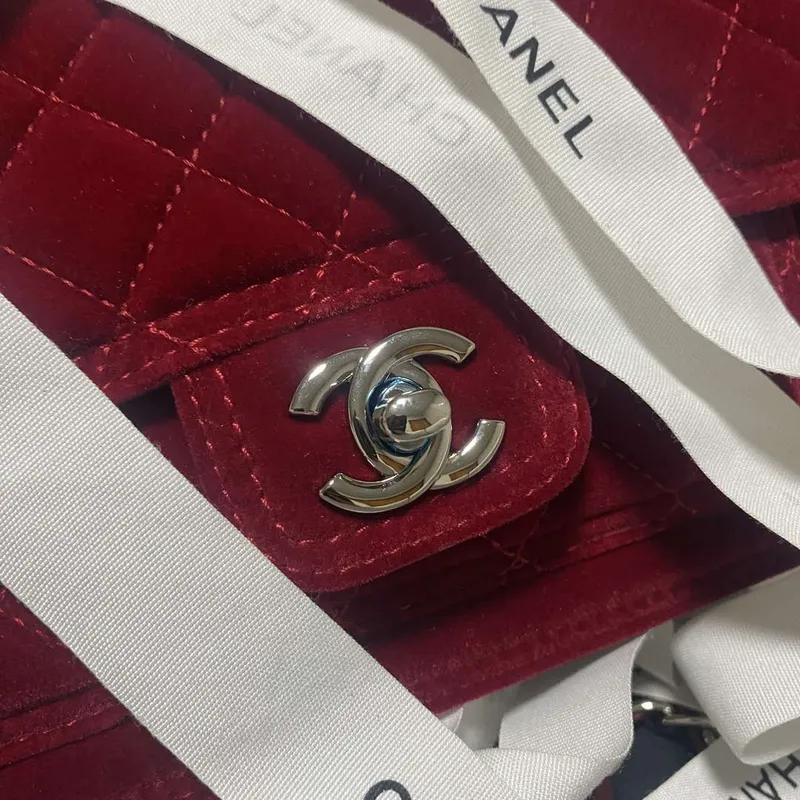 Chanel AS4051 Flap Bag Velvet Silver Metal Wine Red