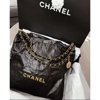 Chanel 22 Handbag AS3261 Wrinkled Calfskin leather Black Gold