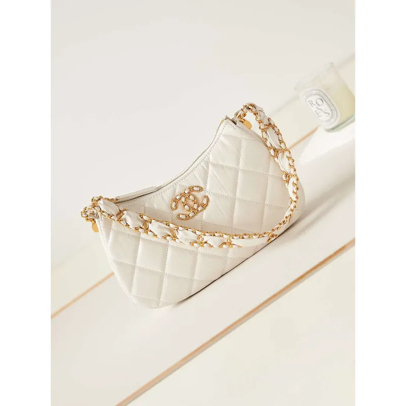 Chanel AS4422 23K Hobo Bag Lambskin Gold Metal White