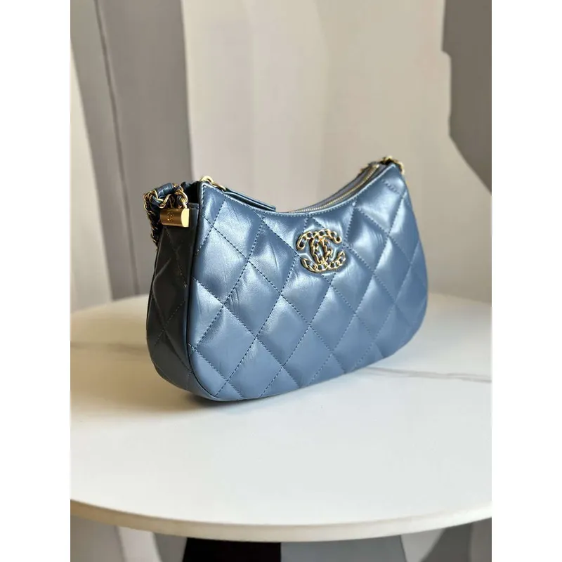 Chanel AS4422 23K Hobo Bag Lambskin Gold Metal Navy Blue