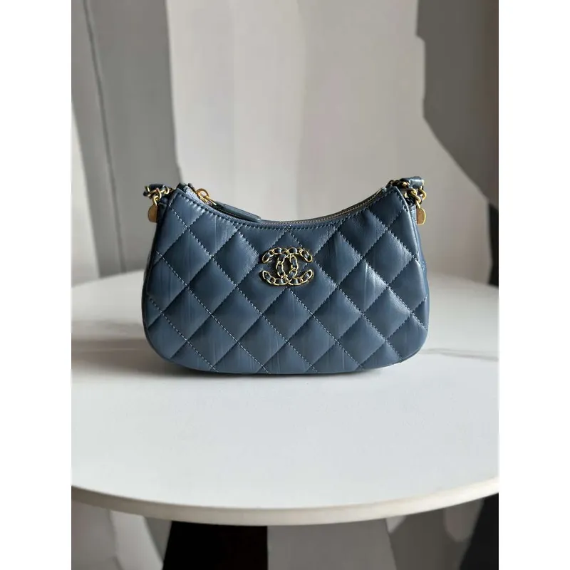 Chanel AP3647 23K Small Hobo Bag Lambskin Gold Metal Navy Blue