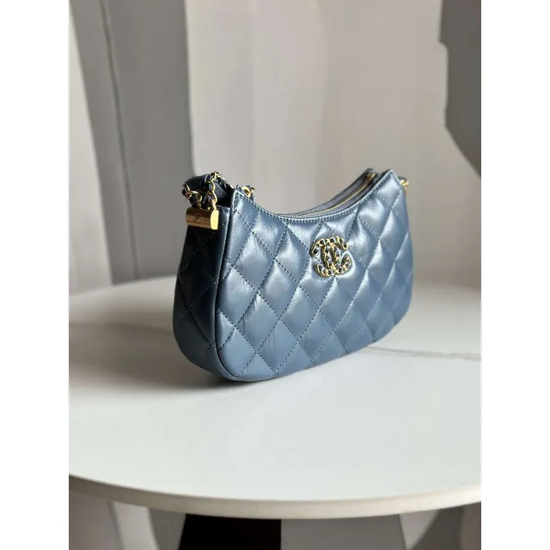 Chanel AP3647 23K Small Hobo Bag Lambskin Gold Metal Navy Blue