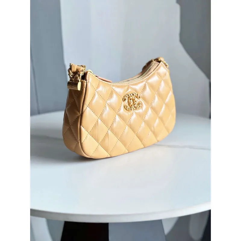 Chanel AP3647 23K Small Hobo Bag Lambskin Gold Metal Tan