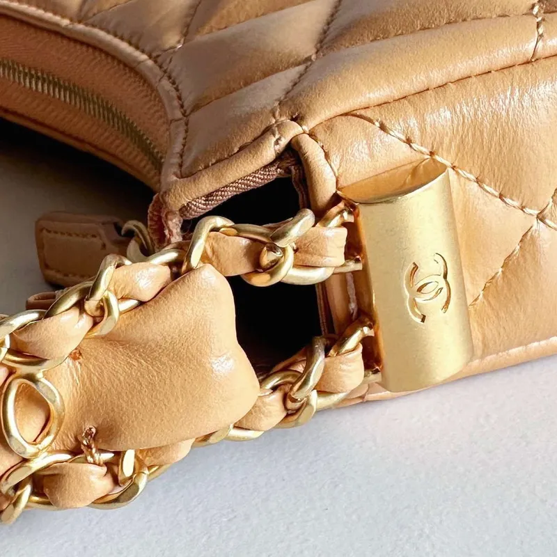 Chanel AP3647 23K Small Hobo Bag Lambskin Gold Metal Tan
