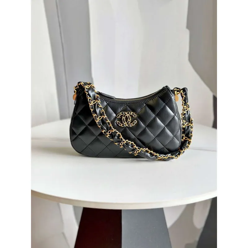Chanel AP3647 23K Small Hobo Bag Lambskin Gold Metal Black