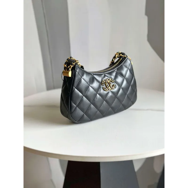 Chanel AP3647 23K Small Hobo Bag Lambskin Gold Metal Black