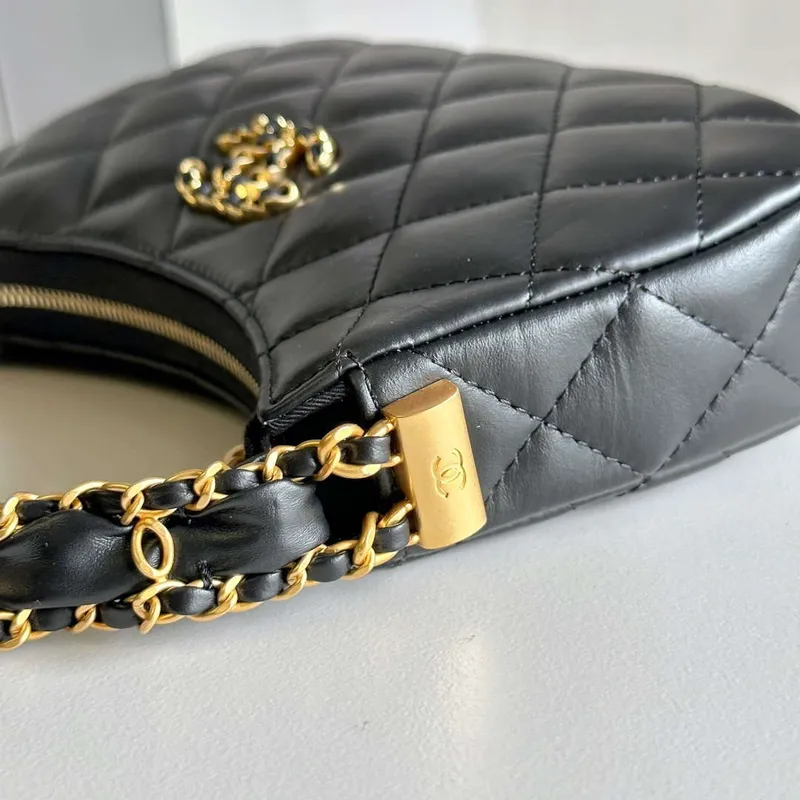 Chanel AP3647 23K Small Hobo Bag Lambskin Gold Metal Black