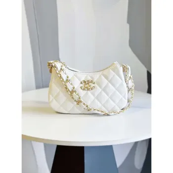 Chanel AP3647 23K Small Hobo Bag Lambskin Gold Metal White