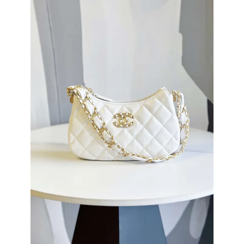 Chanel AP3647 23K Small Hobo Bag Lambskin Gold Metal White