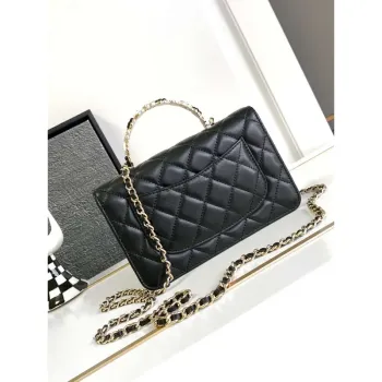 Chanel A96033 Woc Wallet on Chain With Small flower handle Black Shiny Crumpled Lambskin