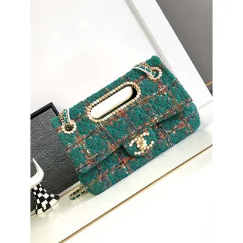 Chanel AS4221 large Flap Bag with top Handle Wool and Silk Tweed Glass and Wooden Pearls