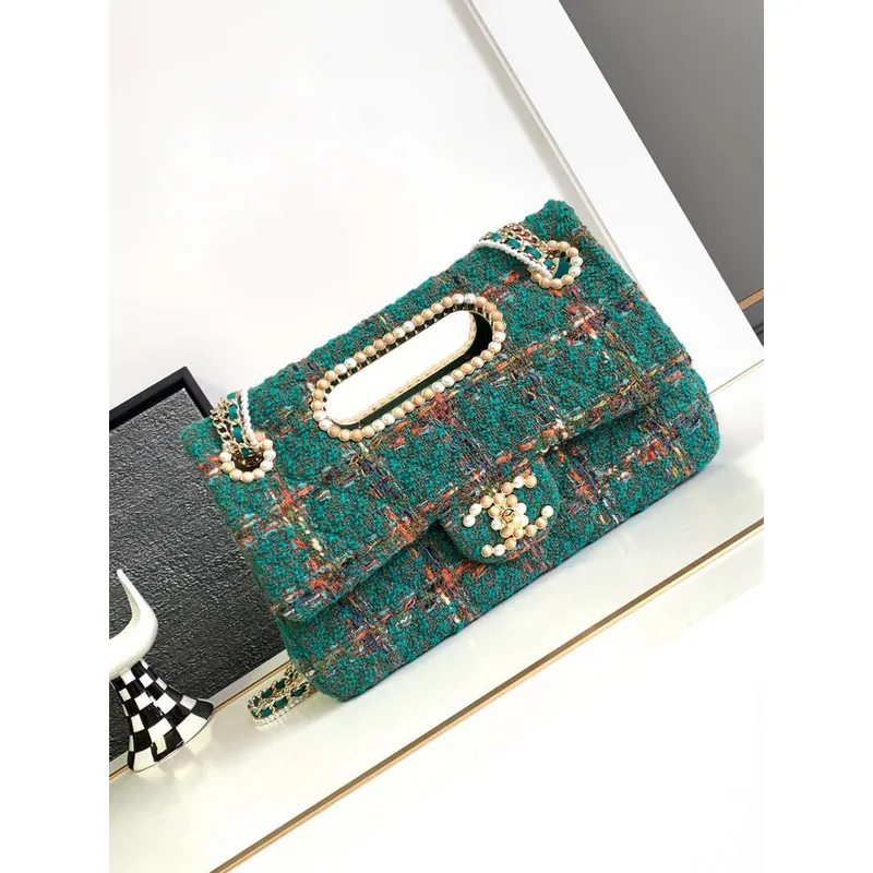 Chanel AS4221 large Flap Bag with top Handle Wool and Silk Tweed Glass and Wooden Pearls
