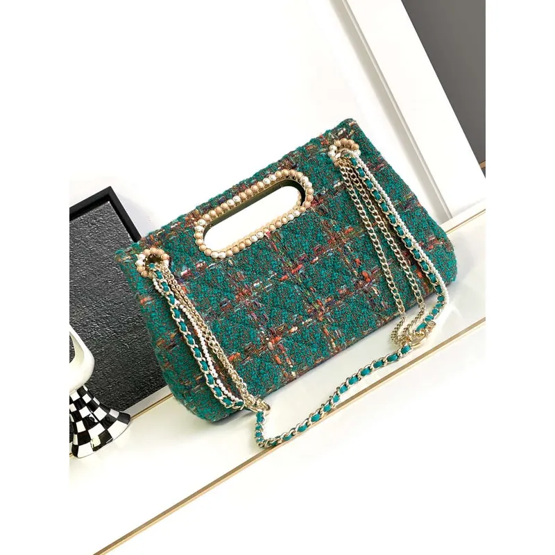 Chanel AS4221 large Flap Bag with top Handle Wool and Silk Tweed Glass and Wooden Pearls