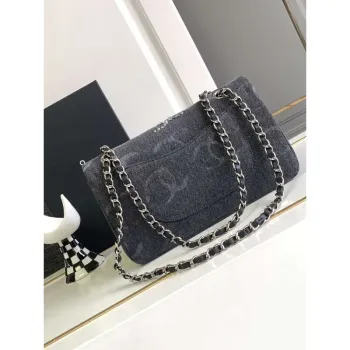 Chanel A01112 Flap Classic Handbag Gray denim beaded sequin bag
