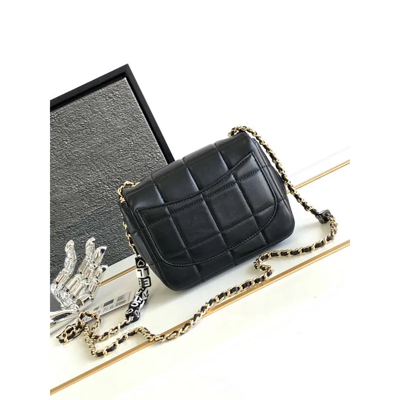 Chanel AS3744 Mini Flap Bag White Lambskin Resin & Gold Tone Metal Black