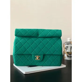 Chanel AS4199 Clutch Wool Jersey & Gold Tone Metal Dark Green