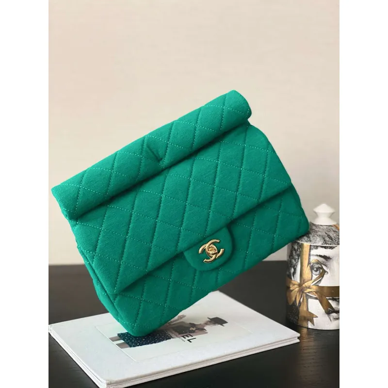 Chanel AS4199 Clutch Wool Jersey & Gold Tone Metal Dark Green