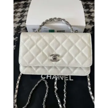 Chanel AP3645 Woc Wallet on Chain White Shiny Crumpled Calfskin Strass & Ruthenium Finish Metal