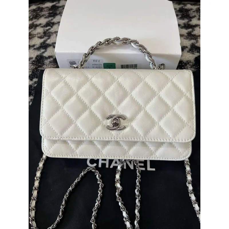 Chanel AP3645 Woc Wallet on Chain White Shiny Crumpled Calfskin Strass & Ruthenium Finish Metal