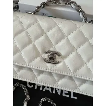 Chanel AP3645 Woc Wallet on Chain White Shiny Crumpled Calfskin Strass & Ruthenium Finish Metal