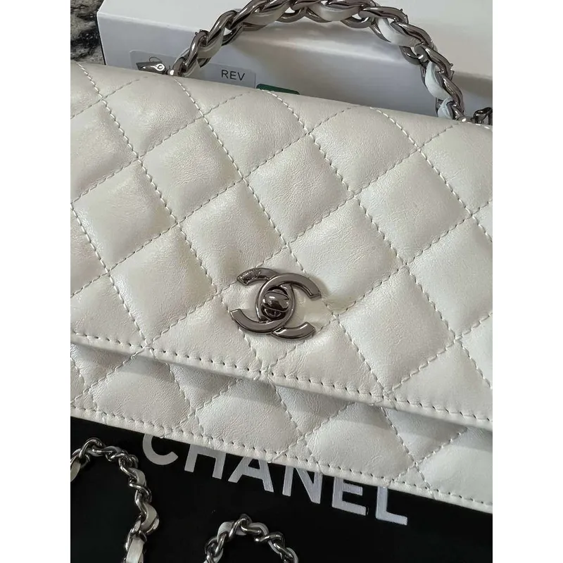 Chanel AP3645 Woc Wallet on Chain White Shiny Crumpled Calfskin Strass & Ruthenium Finish Metal