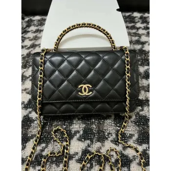 Chanel A68113 Woc Wallet on Chain With Handle Black Shiny Crumpled Calfskin