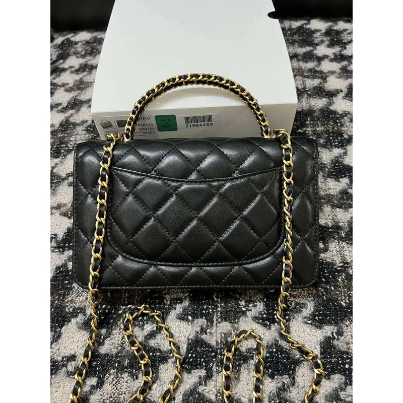 Chanel A68113 Woc Wallet on Chain With Handle Black Shiny Crumpled Calfskin