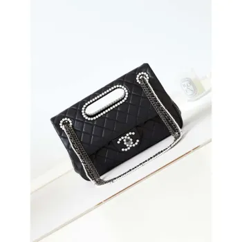 Chanel AS4221 Small Shopping Bag Aged Shiny Lambskin Crystal Pearls & Black Metal Black