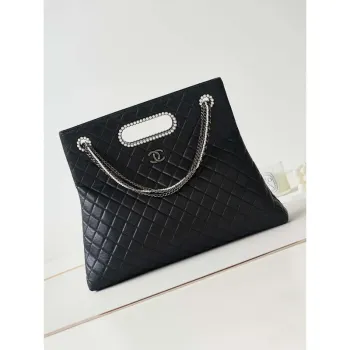 Chanel AS4223 Large Shopping Bag Aged Shiny Lambskin Crystal Pearls & Black Metal Black