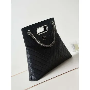 Chanel AS4223 Large Shopping Bag Aged Shiny Lambskin Crystal Pearls & Black Metal Black