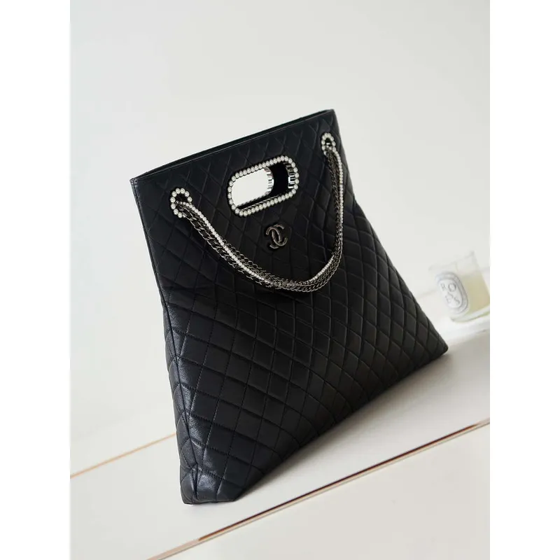 Chanel AS4223 Large Shopping Bag Aged Shiny Lambskin Crystal Pearls & Black Metal Black