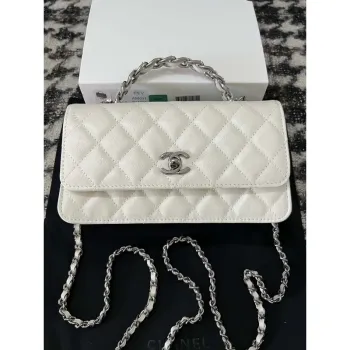 Chanel AP3566 Clutch with Chain White Shiny Crumpled Calfskin Strass & Ruthenium Finish Metal