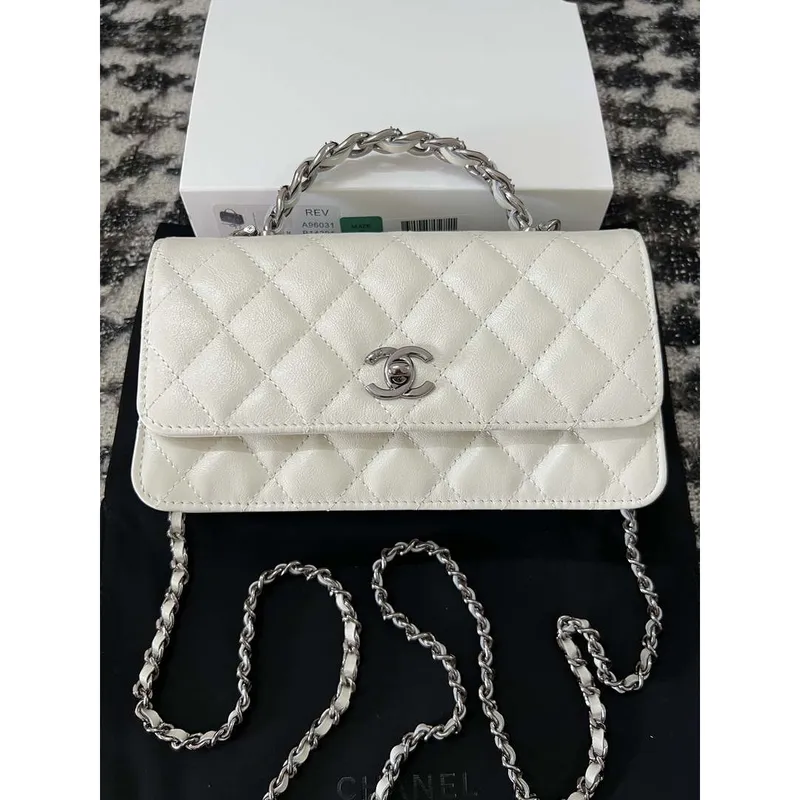 Chanel AP3566 Clutch with Chain White Shiny Crumpled Calfskin Strass & Ruthenium Finish Metal