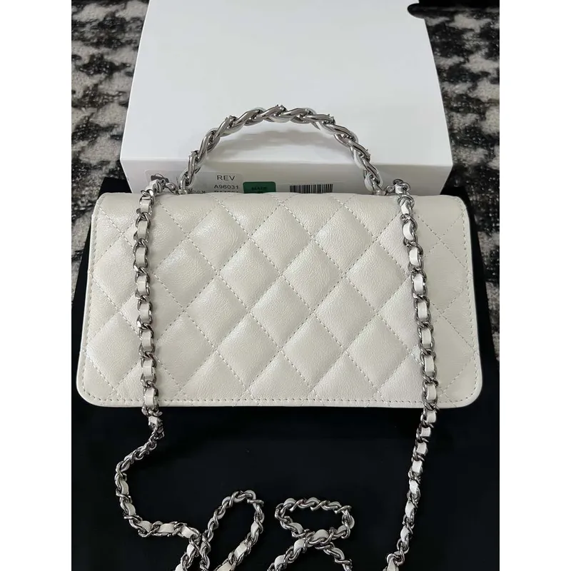 Chanel AP3566 Clutch with Chain White Shiny Crumpled Calfskin Strass & Ruthenium Finish Metal