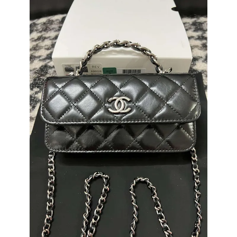 Chanel AP3566 Clutch with Chain Black Shiny Crumpled Calfskin Strass & Ruthenium Finish Metal