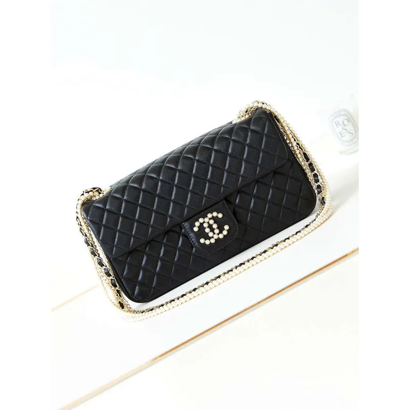 Chanel AS4245 Flap Bag Lambskin With Pearl & Metal Chain Black