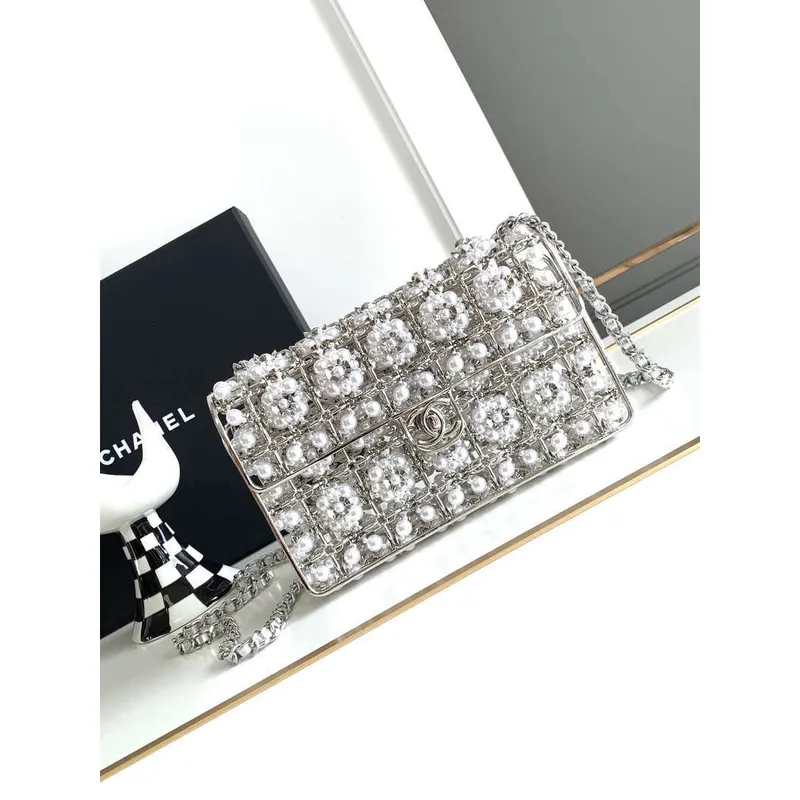Chanel A90091 Limited Edition Pearl Metal CF Evening Flap Bag Silver metal
