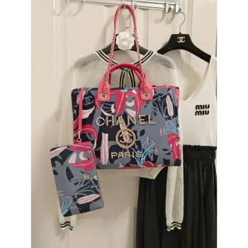 Chanel A66941 Medium Tote Printed Velvet Wooden Pearls & Gold Tone Metal Red & Multicolour