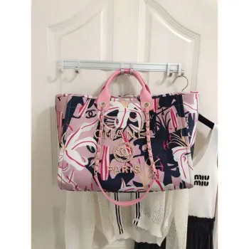 Chanel A66941 Medium Tote Printed Velvet Wooden Pearls & Gold Tone Metal Pink & Multicolour