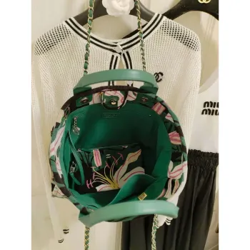 Chanel A66941 Medium Tote Printed Velvet Wooden Pearls & Gold Tone Metal Green& Multicolour