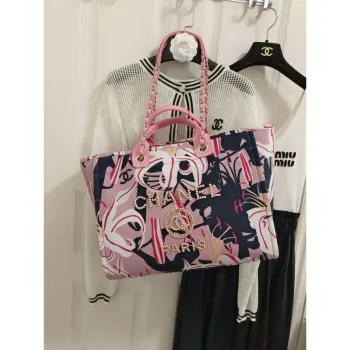 Chanel A66941 Large Tote Printed Velvet Wooden Pearls & Gold Tone Metal Pink & Multicolour