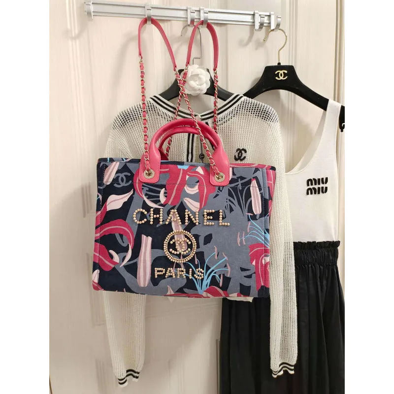 Chanel A66941 Large Tote Printed Velvet Wooden Pearls & Gold Tone Metal Red & Multicolour