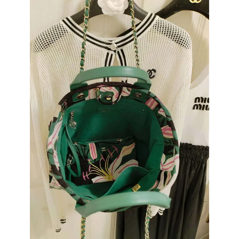 Chanel A66941 Large Tote Printed Velvet Wooden Pearls & Gold Tone Metal Green & Multicolour