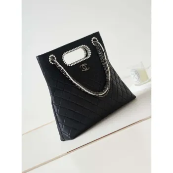 Chanel AS4222 Shopping Bag Aged Shiny Lambskin  Crystal Pearls & Black Metal Black