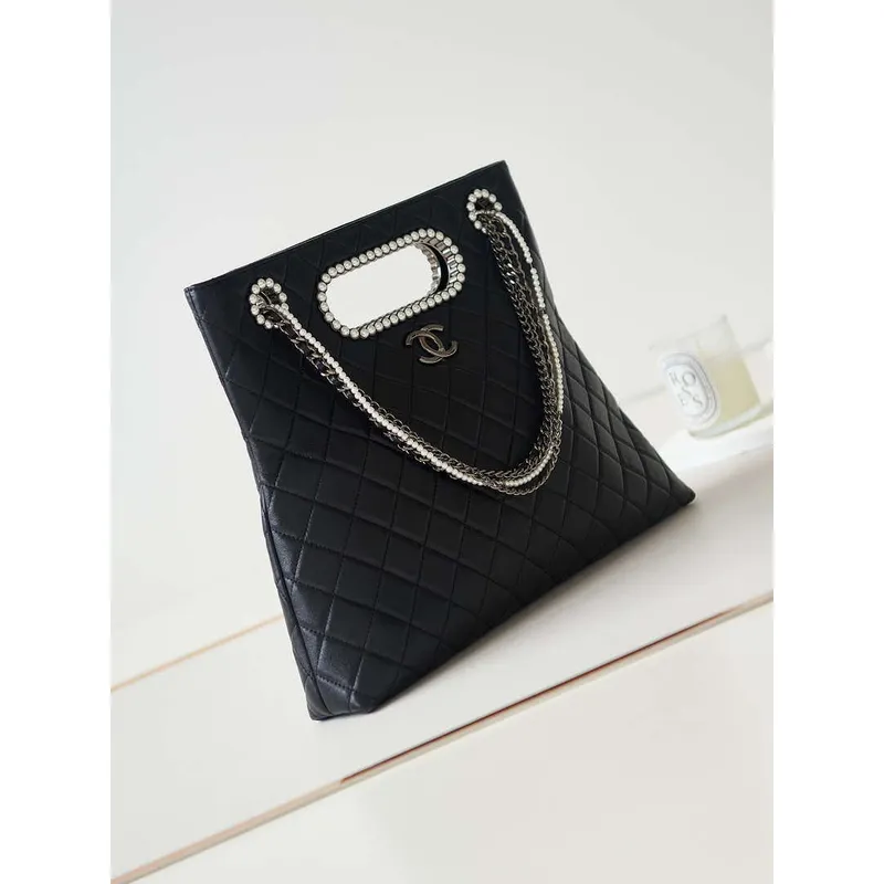 Chanel AS4222 Shopping Bag Aged Shiny Lambskin  Crystal Pearls & Black Metal Black