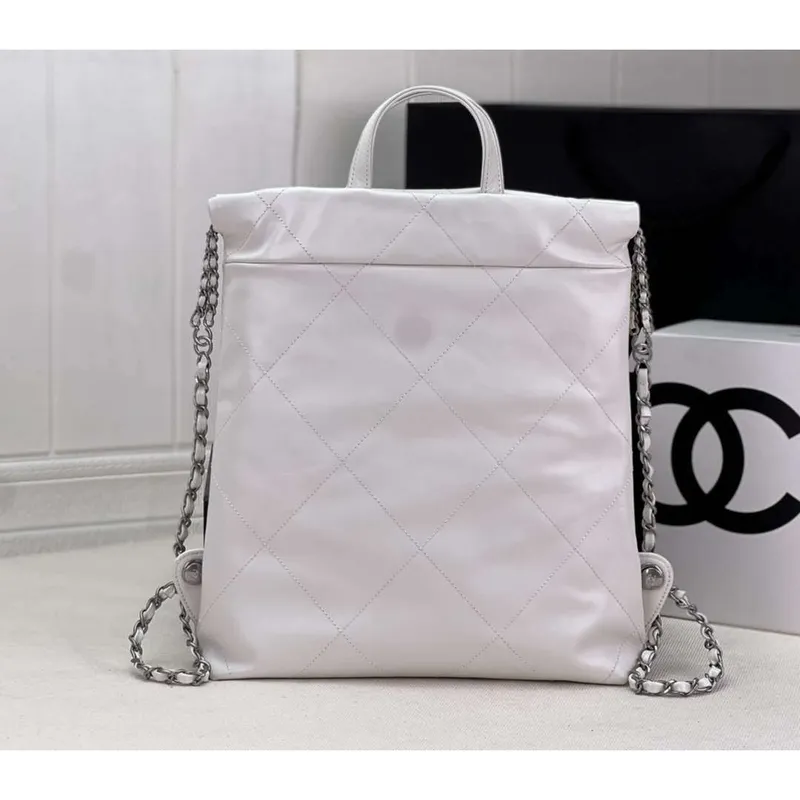 Chanel 22 Backpack AS3859 Shiny White Calfskin With Silver