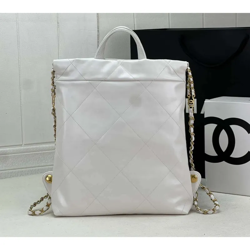 Chanel 22 Backpack AS3859 Shiny White Calfskin With Gold